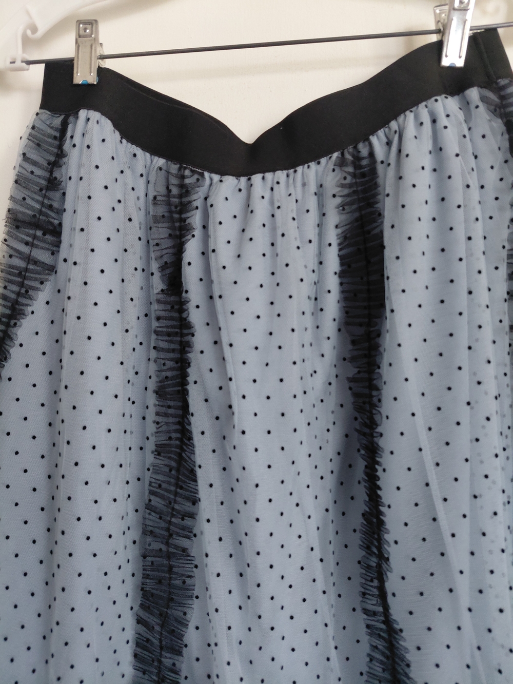 MODA ME COUTURE Light Blue Polka Dot Tulle Skirt with Black Waistband
